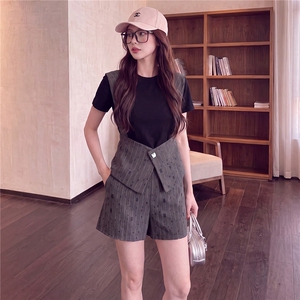 欧货时尚休闲套装女夏季新款气质拼接撞色假两件短袖短裤两件套潮图片