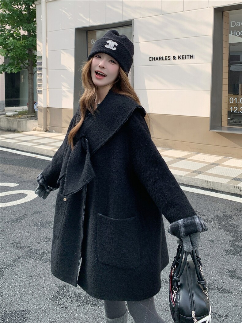 韩版格子拼接慵懒风双面羊毛大衣女2025秋冬季新款显瘦两面穿外套,女装毛呢外套,韩然一族
