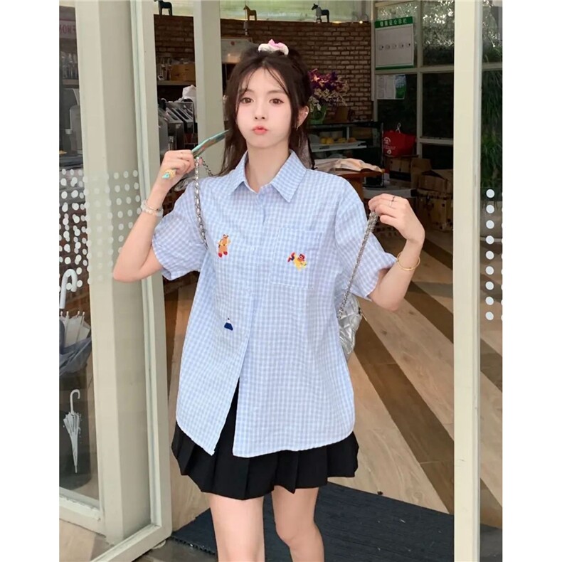 TC548-P45衬衣短袖t恤夏季oversize高级感百搭别致格子衬衣潮，女装衬衫，星座617A-2