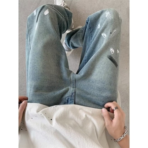 男高腰潮流潮日系新款直脚水洗秋季简约牛仔裤青春流行拉链长裤图片