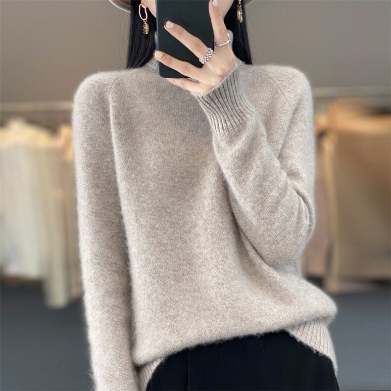 高领加厚100%纯羊毛衫女秋冬宽松插肩纯色毛衣内搭羊绒针织打底衫,女装羊毛衫,忠诺羊绒