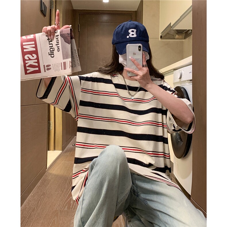 中性港风2026夏季新款条纹短袖T恤男女宽松半袖D254P38,男装T恤,电商A335-1（原A458）