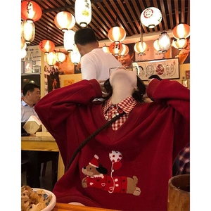 1506-1/MV8201/P61潮牌假两件红色新年卫衣设计感秋冬季V领外套男图片