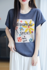 竹节麻针织短袖T恤女2025新款夏季时尚宽松小熊体恤薄款打底上衣，女装针织衫/毛衣，大美人高端店