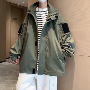 春秋季魔术贴连帽夹克男士冲锋衣宽松休闲衣服工装外套JY102