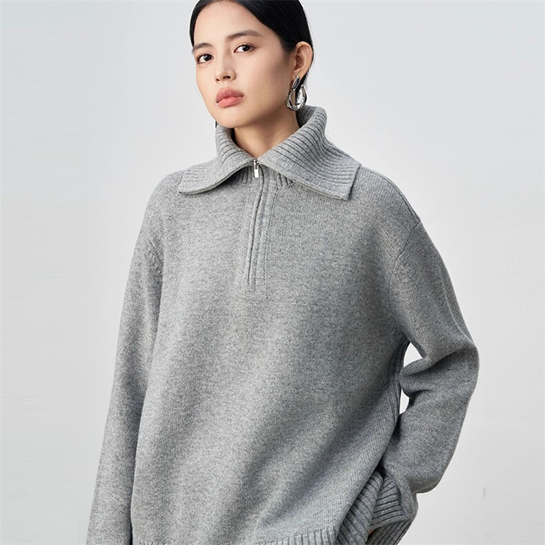 秋冬女士时尚宽松翻领羊毛拉链款针织衫,女装羊毛衫,挚尚羊绒