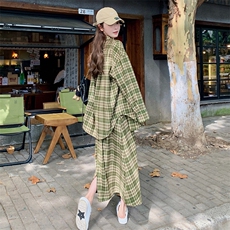 高级感穿搭复古英伦风绿色格子衬衫套装女初春秋好看半身裙两件套，女装套装/套裙，浙宝276（原081）