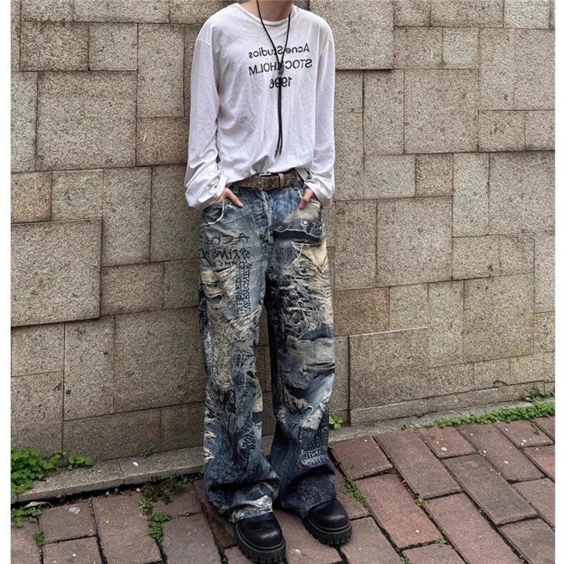 错觉糜烂破洞数码印花牛仔裤男女小众美式阔腿裤网图G913-P58,男装牛仔裤,星座1001-1