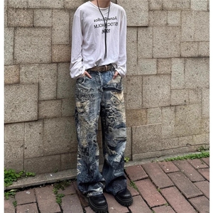 错觉糜烂破洞数码印花牛仔裤男女小众美式阔腿裤 网图 G913-P58图片