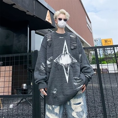 潮流五角星中长款圆领针织毛衣男美式破坏风百搭MZ117-P50，男装针织衫/毛衣，星座1109-3