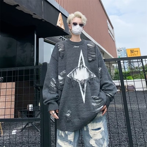 潮流五角星中长款圆领针织毛衣男美式破坏风百搭MZ117-P50图片