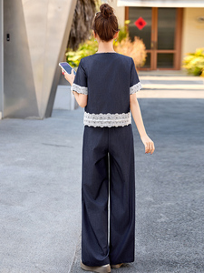 法式时尚蕾丝拼接套装女2025夏新款高级感韩系气质穿搭阔腿裤套装图片