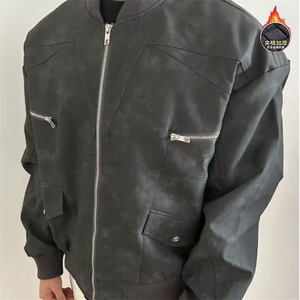 美式复古PU皮夹克男春秋季紫色解构工装外套短款机车夹棉棒球服图片
