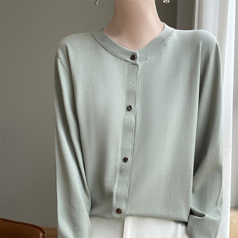 圆领精纺羊毛针织开衫女士宽松纯色百搭休闲长袖上衣气质毛衣外套，女装针织衫/毛衣，斯尔特羊绒