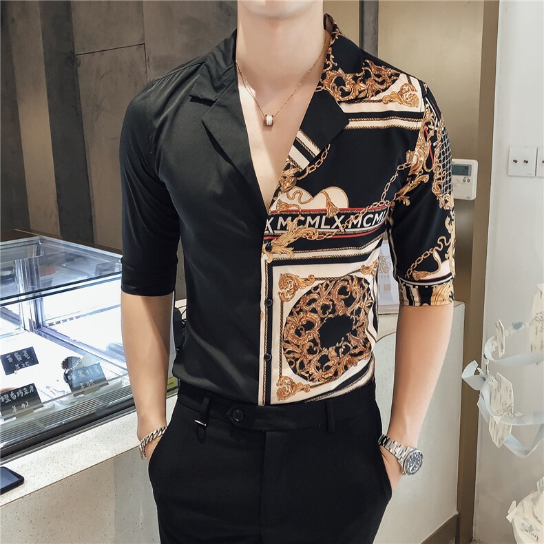 2021春夏新款英伦风男个性V领印花衬衫修身中袖拼接衬衣102A-D442,男装衬衫,星座419（原A233）
