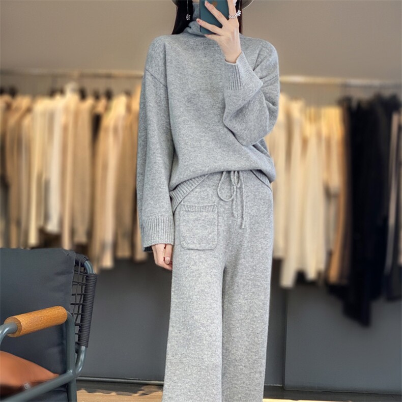 高领100%纯羊毛衫两件套女长袖针织毛衣阔腿裤套装宽松羊绒衫上衣,女装套装/套裙,隆格羊绒