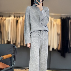高领100%纯羊毛衫两件套女长袖针织毛衣阔腿裤套装宽松羊绒衫上衣，女装套装/套裙，隆格羊绒