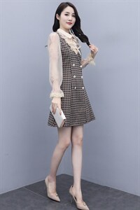2021春季新款简约时优雅气质蕾丝拼接格子修身假两件套连衣裙图片