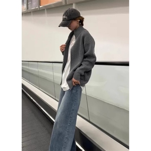 灰色双拉链立领开衫毛衣男款秋季半高领针织衫慵懒风外套 ML106图片