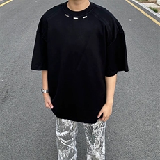 抖音得物品质二开240克宽松纯棉美式高街痞帅潮牌金属装饰短袖T恤，男装T恤，电商A486