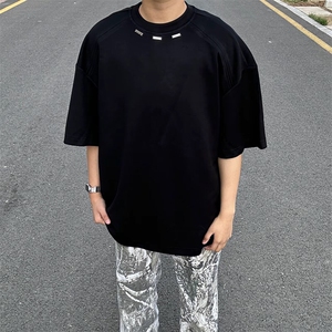 抖音得物品质二开240克宽松纯棉美式高街痞帅潮牌金属装饰短袖T恤图片
