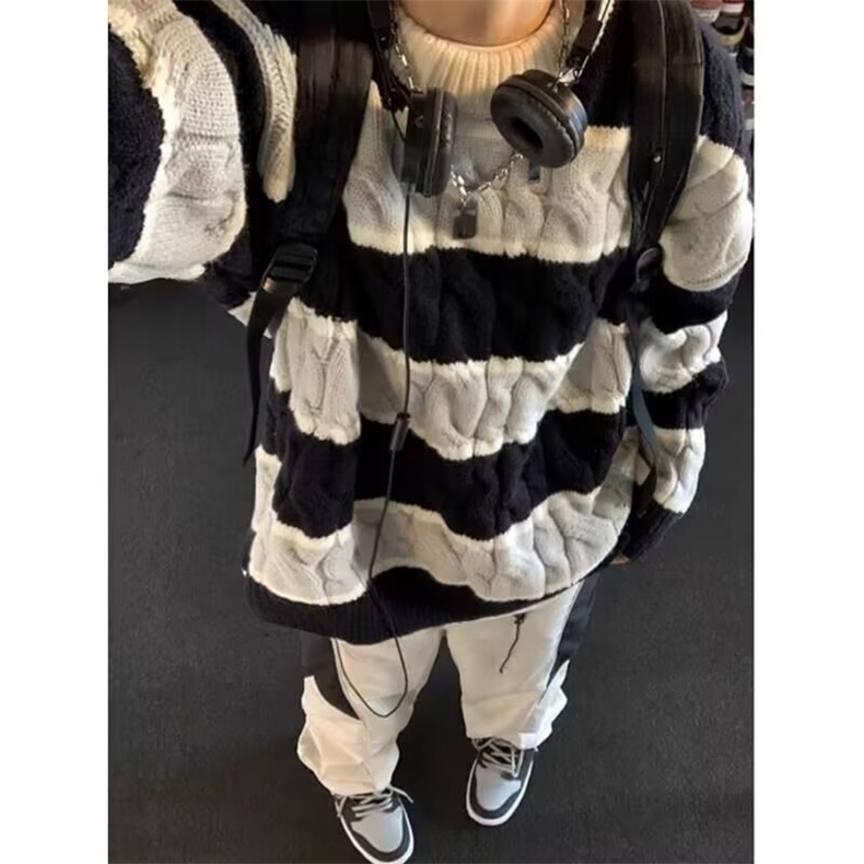 575-P45森系麻花条纹毛衣外套男秋冬季2025新款日系复古,男装针织衫/毛衣,电商B323A