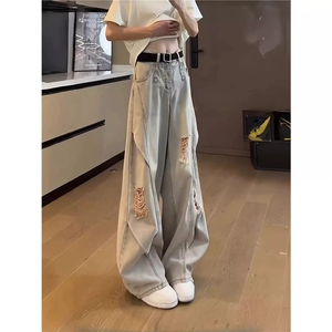 百搭美式高街vibe解构弯刀水洗破洞牛仔裤男女新款直筒宽松阔腿裤图片