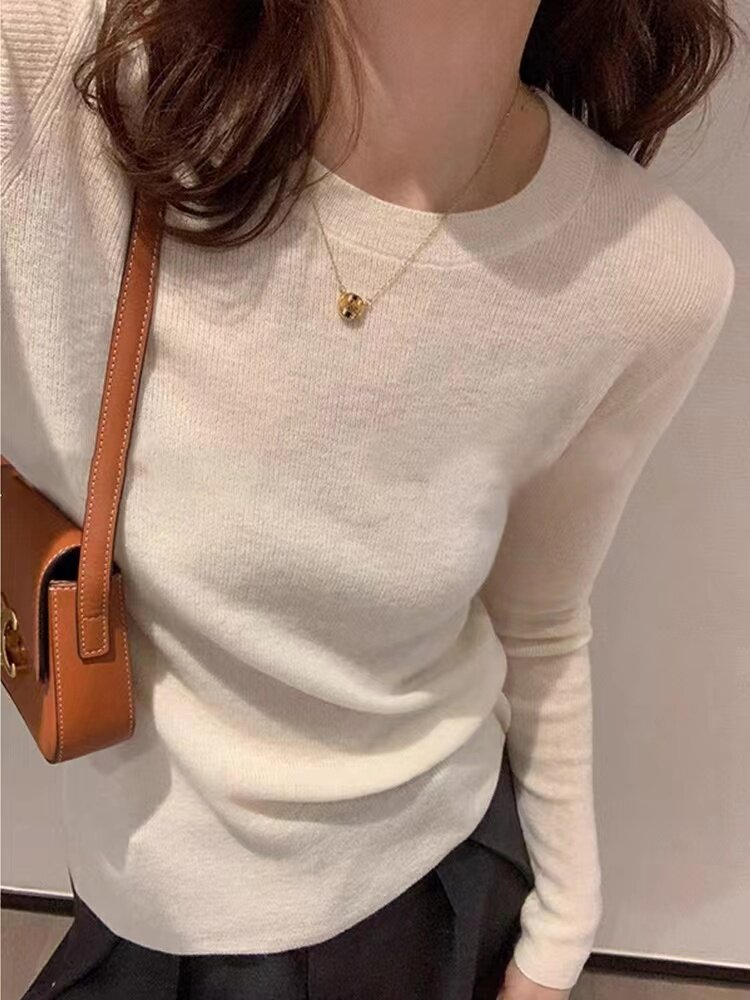 圆领打底衫女显瘦长袖针织衫秋冬新款内搭毛衣,女装羊毛衫,恩泰羊绒