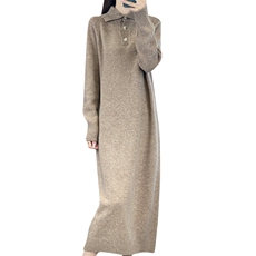 polo领毛衣女翻领纯色长袖秋冬季内搭宽松外穿慵懒风中长款羊毛裙，女装连衣裙，东远绒业