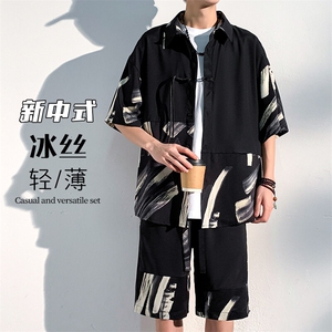 特批P61无差价夏季新中式风盘扣拼接冰丝短袖衬衫短裤男士TZ344图片