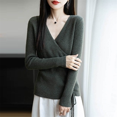 秋冬新V领抽绳羊毛衫女修身长袖上衣针织羊绒打底毛衣遮肉显瘦，女装针织衫/毛衣，暖绒情旗舰店