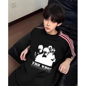 抖音得物品质二开240克宽松纯棉美式潮牌印花三条杠中性风短袖T恤图片