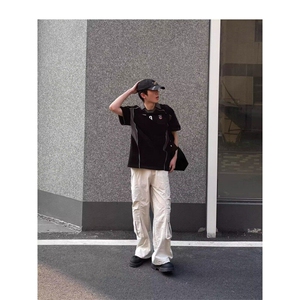 美式复古拼接设计字母印花运动风男女宽松polo领短袖T恤-CY1160图片