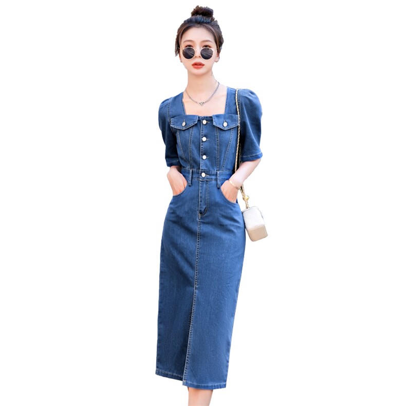 （现货）2026夏新款时尚方领气质显瘦休闲包臀薄料牛仔连衣裙女,女装连衣裙,印象茜