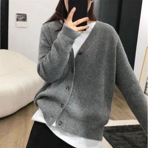 秋冬V领100纯羊毛针织开衫女宽松百搭加厚毛衣外套显瘦羊绒衫外搭图片