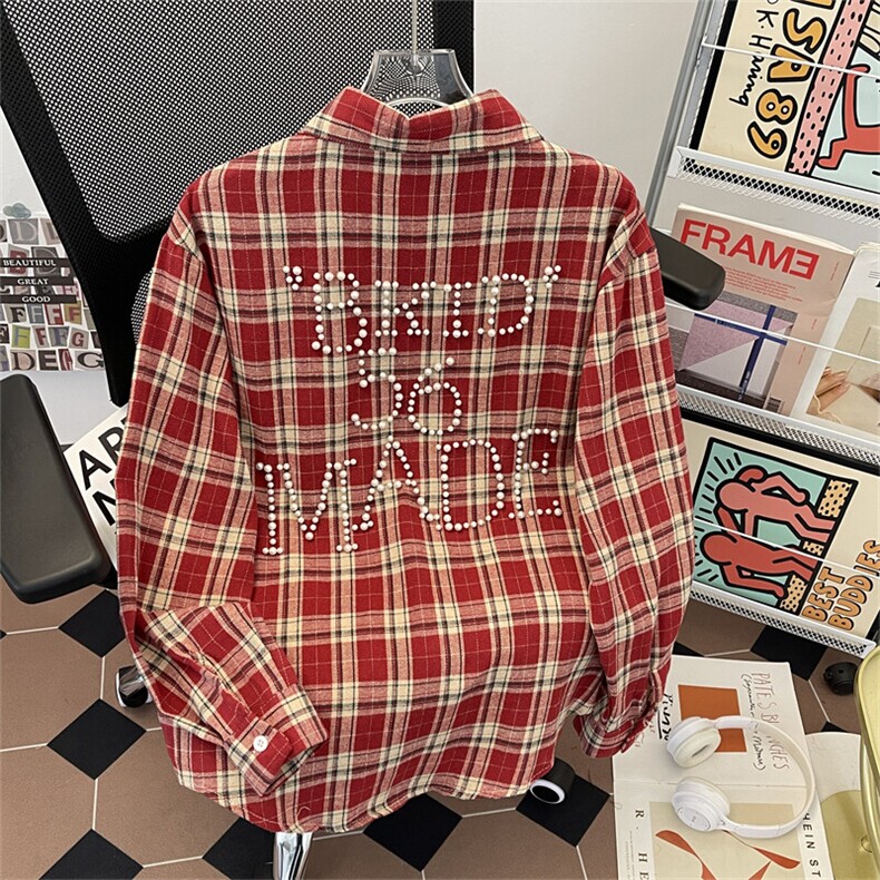 美式复古高街钉珠格子衬衫宽松情侣长袖休闲衬衣TC179P50,男装衬衫,星座1013-1