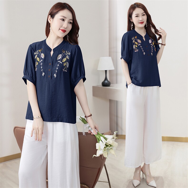V领棉麻上衣套装2026夏装新款小衫刺绣中老年妈妈装阔脚裤两件套，女装套装/套裙，兰菲阁