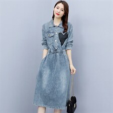 夏季甜美中腰单排扣松紧腰修身抽绳牛仔连衣裙爱心拼接裙子,女装连衣裙,微微衣阁