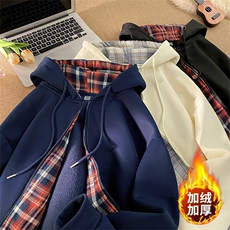 毛毯风格子开衫连帽卫衣宽松2026冬季潮牌加绒外套A436-117-P60，男装卫衣，电商A436