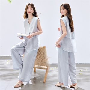 夏季新款现货！2026休闲风阔版拼接小垫肩上衣+松紧腰阔腿裤套装图片