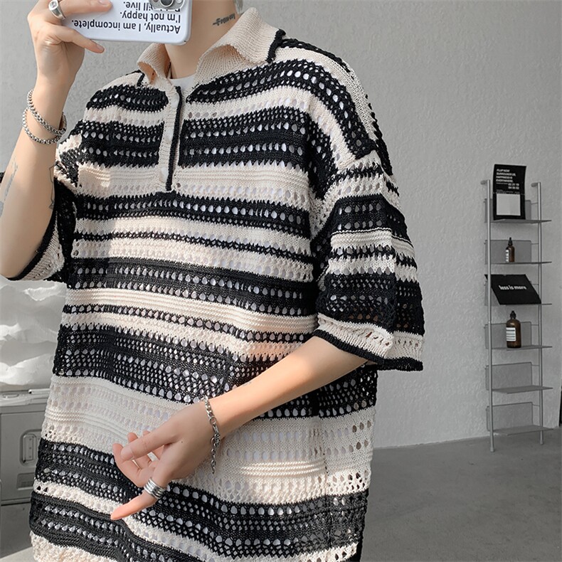 8XL-M特大码美式复古条纹撞色针织POLO衫翻领休闲短袖TDX311P35,男装Polo衫,电商D206-1