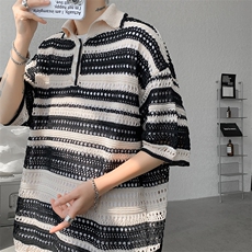 8XL-M特大码美式复古条纹撞色针织POLO衫翻领休闲短袖TDX311P35，男装Polo衫，电商D206-1