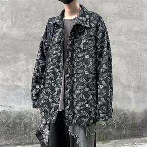 春秋季牛仔外套男女ins嘻哈高街腰果花宽松夹克潮牌复古JK001-P70图片