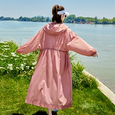 韩版连帽防晒衣中长款过膝红色防晒服外套2025夏季新抽绳休闲风衣，女装防晒衣，可可小西