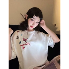 美式高街蝴蝶字母刺绣短袖t恤女夏季宽松高级情侣款潮牌套头上衣，男装T恤，星座506A