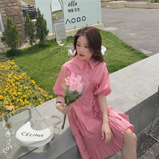 【现货】新款百褶小清衬衫式新款系带宽松版连衣裙女裙子夏短袖，女装连衣裙，韩秀