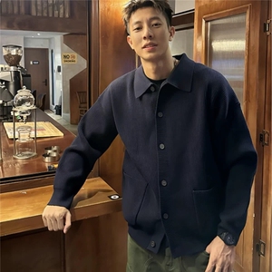高品质针织翻领开衫男秋冬季男士修身毛衣外套有口袋外穿夹克线衣图片