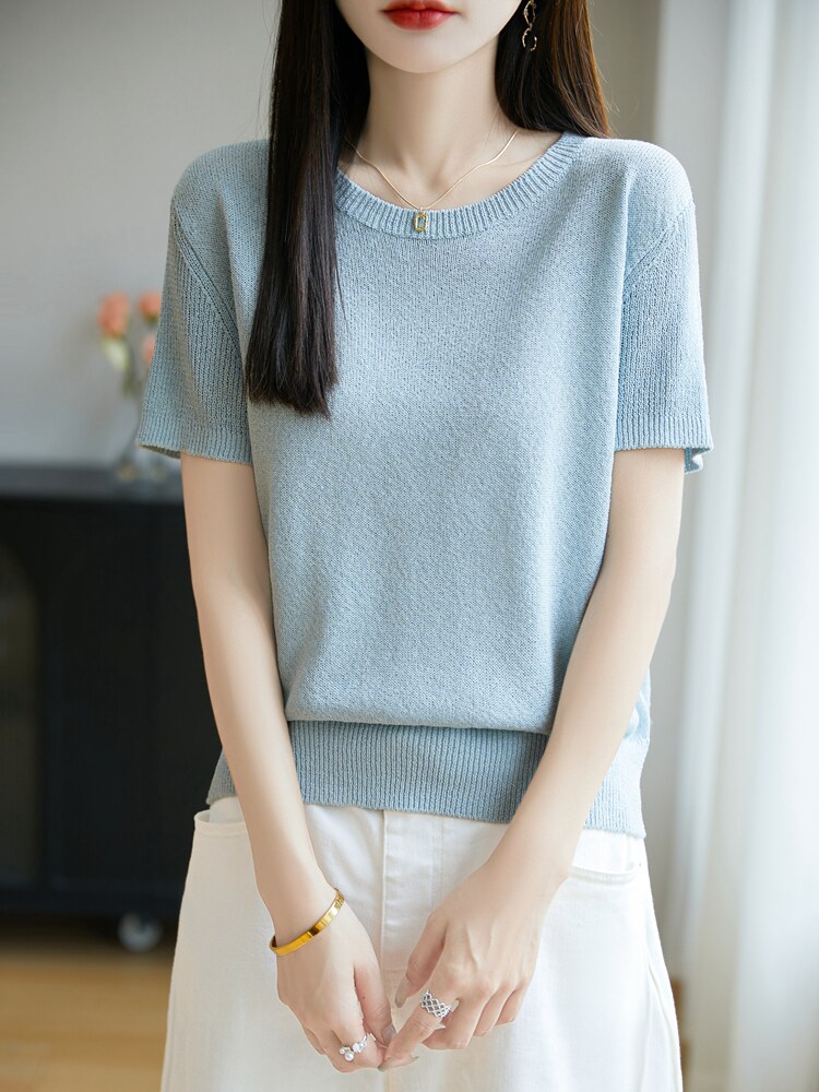 2025春夏新款圆领套头桑蚕丝短袖女纯色简约百搭亲肤透气休闲减龄,针织衫/毛衣,暖烁特种纱工厂店