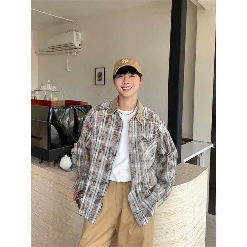 1506/QJ050/P48格子拼接灯芯绒领潮长袖衬衣青春流行潮流时尚衬衫，男装衬衫，星座1506