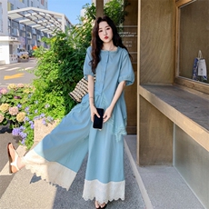 复古蓝色衬衫套装女2025夏新款棉麻宽松时尚蕾丝拼接阔腿裤两件套，女装套装/套裙，2C211